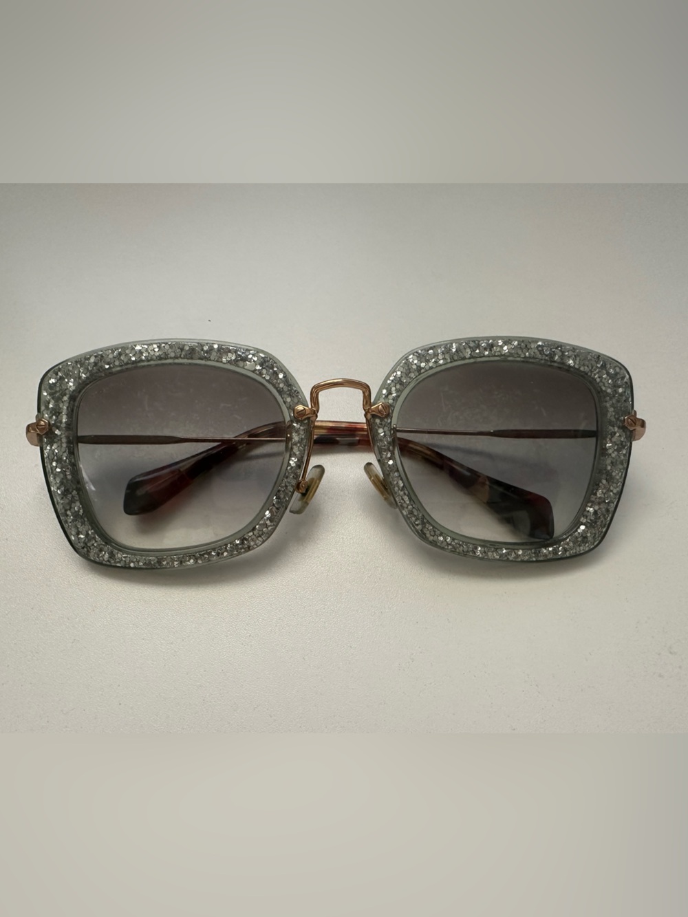Miu Miu Silver Glitter Square Sunglasses with Gradient Lenses